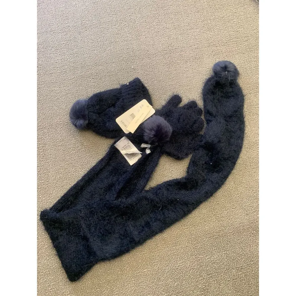 Mayoral Kids 4-6 Blue 3 in 1 Set Fuzzy Pompom Hat‎ Scarf Mitten New